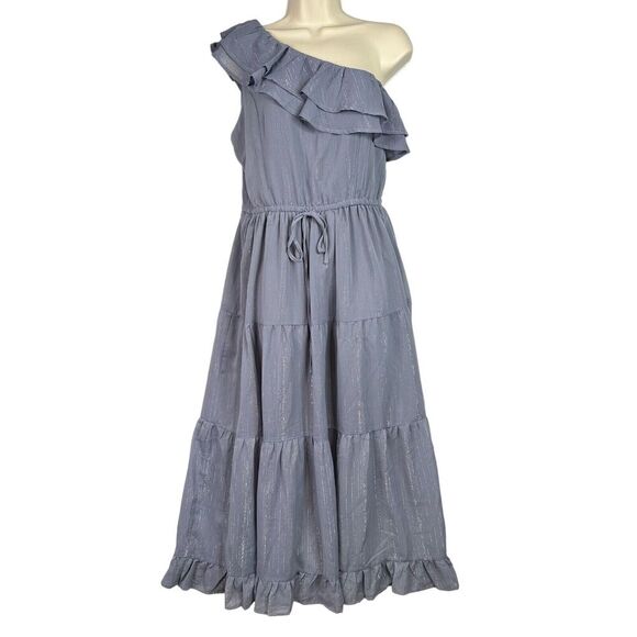 Heartloom‎ Noemi One Shoulder Ruffle Maxi Dress XL Purple Gray Stripe NWT - Picture 2 of 15